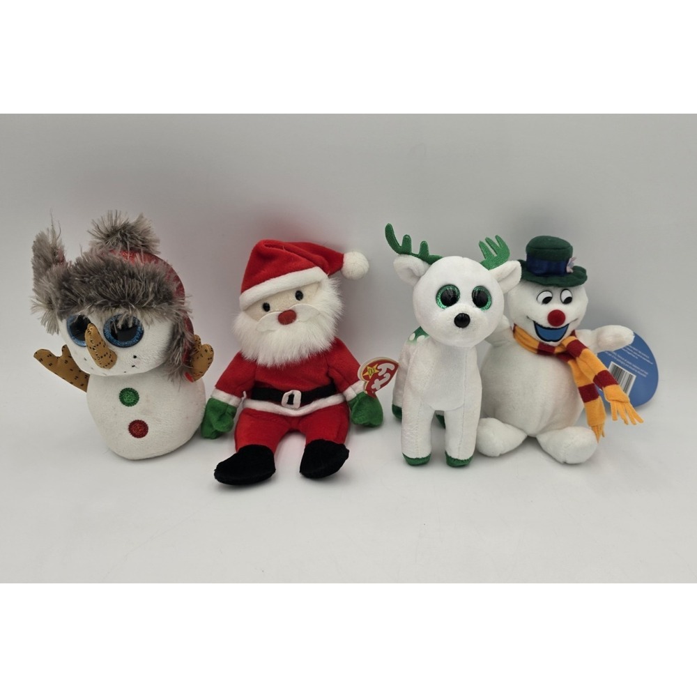 Lot Of 4 Beanie Plush Christmas Toys Reindeer Santa Frosty Snowman Ty & Gemmy
